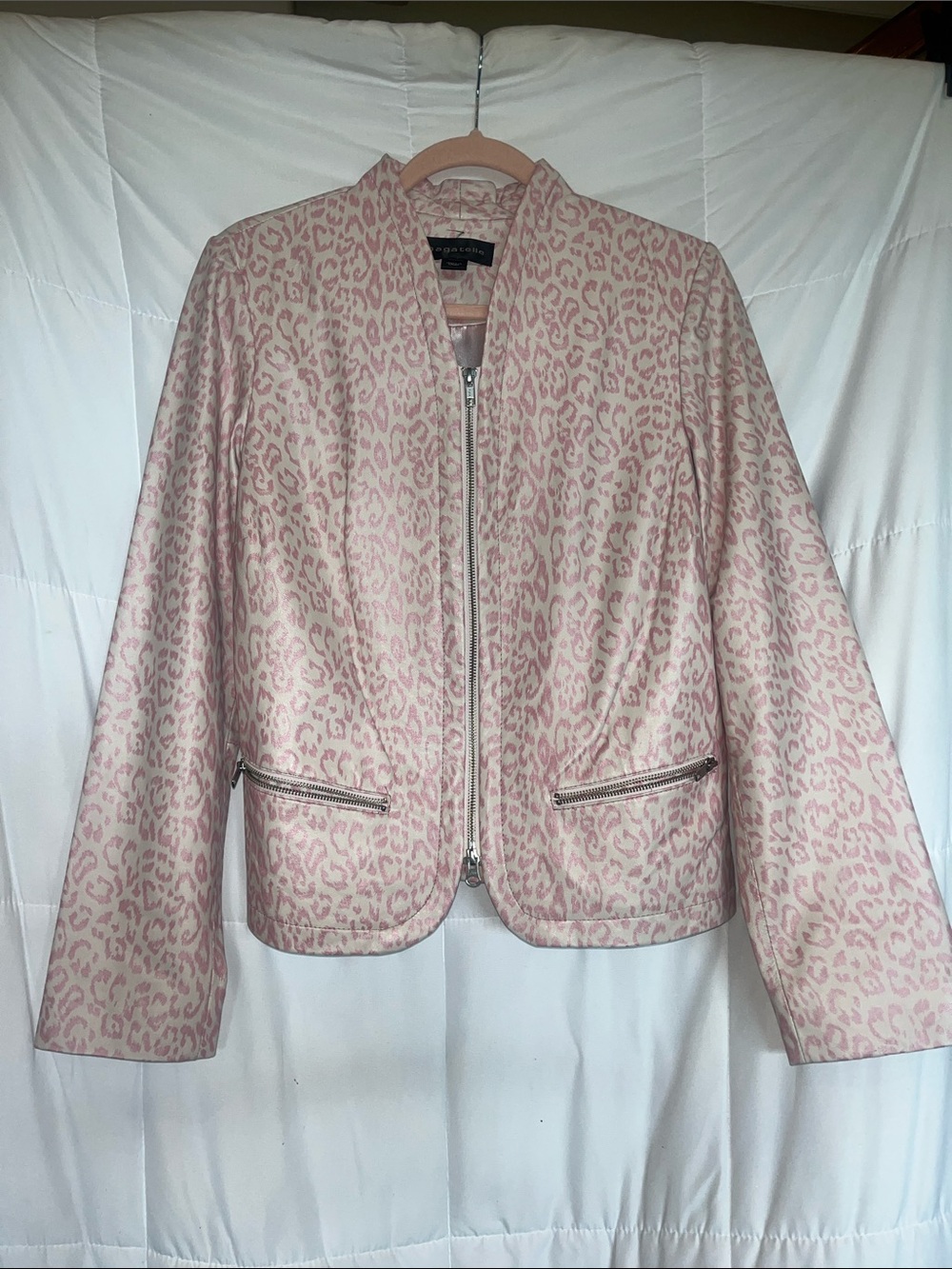 Bagatelle Pink and Cream  Leopard Print Zipper Leather Blazer size 12